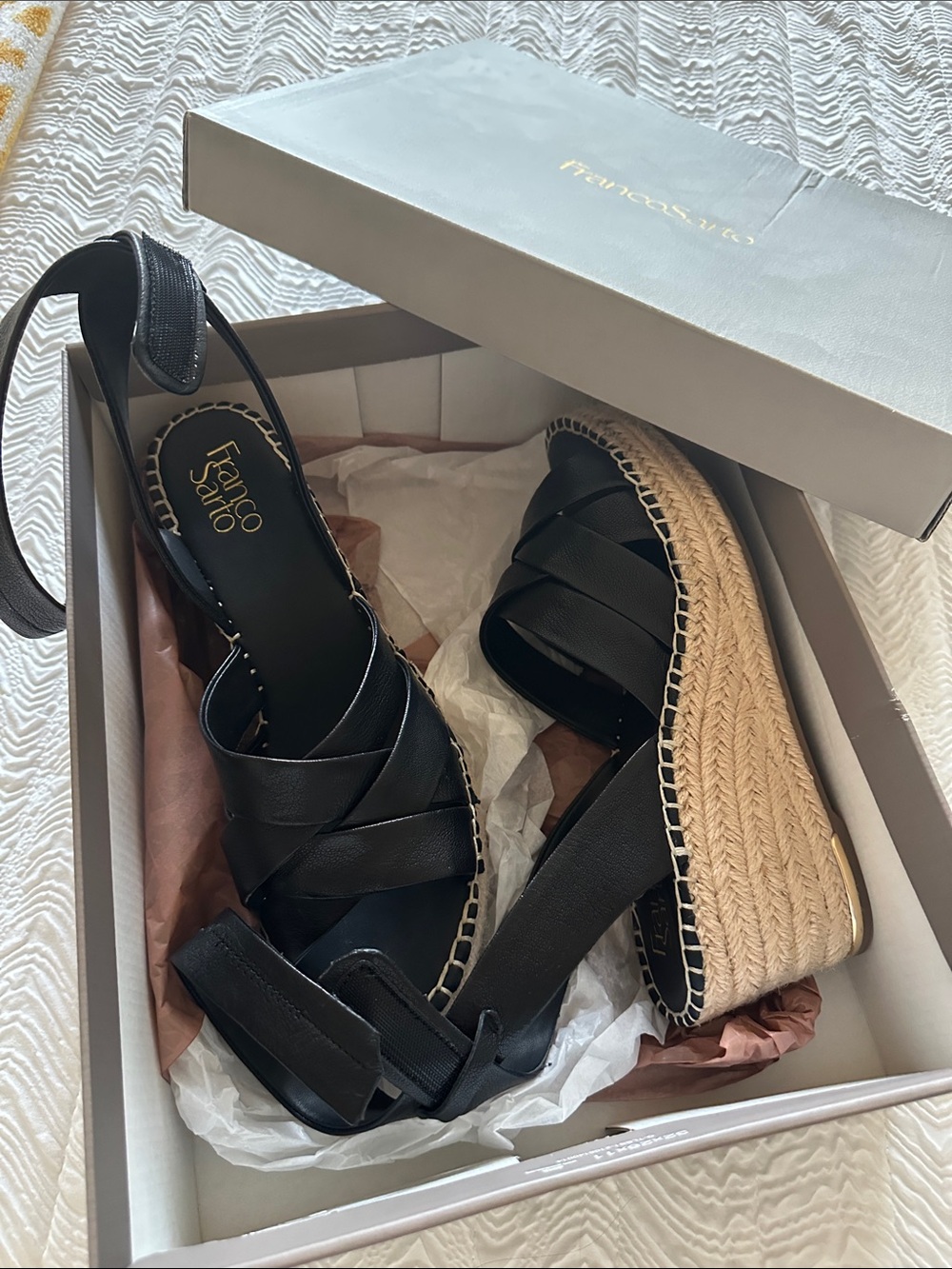 Franco Sarto Black Leather Espadrille Wedge Sandals